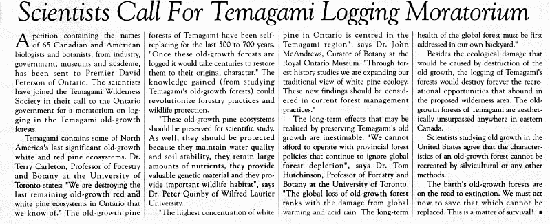 Petition by scientists to stop logging in Temagami